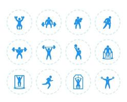 Gym, fitness exercises icons on white, workout, training, weightlifting vector pictograms