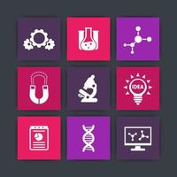 Science, laboratory study icons set, research, microscope, dna chain, lab glass, molecule pictograms vector