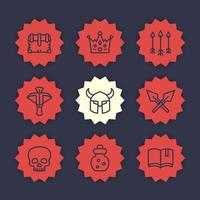 Game line icons set 2, RPG, crossbow, chest, arrows, crown, potion, medieval, fantasy items vector