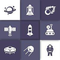 Space icons set, planet with asteroid belt, comet, astronaut, UFO, satellite, space probe, shuttle, rocket vector