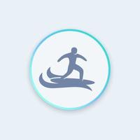 Surfer icon, surfing sign, man on surfing board round stylish pictogram, vector illustration