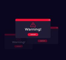 Warning, error windows, vector design, dark mode