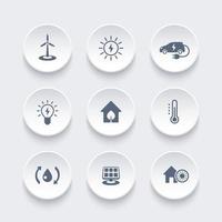 Green ecologic house, energy saving technologies icons on round 3d shapes, vector illustration