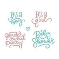 Set of hand written lettering texts - It's a girl, it's a boy, Baby shower, gender reveal party. Typographic quotes for posters and cards. Baby arrival and shower collection. Vector illustration.