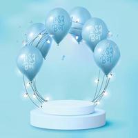 it's a boy concept. Realistic white 3D cylinder pedestal podium with floating blue balloons. baby shower minimal scene for products showcase, Promotion display. Vector abstract studio room platform