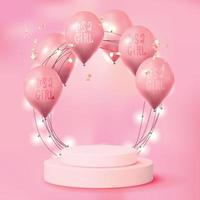 It's a girl 3d space. Empty pink room with pink podium, glowing wired lights arch, balloons. Scene mockup for advertising, promotional sales, cosmetics ads. Minimal concept with vector illustration.