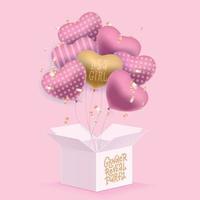 It's a girl concept. 3d Pink Balloons flying out of the open gift box. Rose helium flying baloons on pink background. Vector surprise design for Gender reveal party