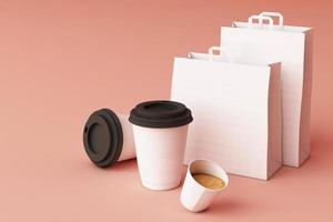 Set of black coffee cups and bag on pastel background. 3d rendering photo
