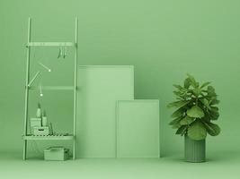 abstract furniture shelf and artwork frame with plant.3d rendering photo