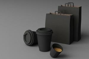 juego de tazas de café negro y bolsa sobre fondo pastel. representación 3d foto