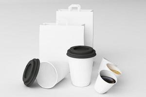 Set of black coffee cups and bag on pastel background. 3d rendering photo
