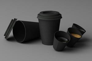 Set of black coffee cups and bag on pastel background. 3d rendering photo