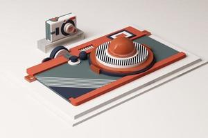 Design with composition the camera of geometric memphis style shapes in pastel tone. 3d rendering illustration photo