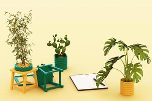 A4 flipped paper with black clipboard, potted plant, cactus, frame and pen on white background. 3d rendering photo