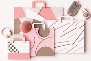 Design with composition of shopping bag by geometric memphis style shapes in pastel tone. 3d rendering illustration photo