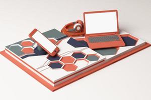 portátil, smartphone y auriculares con concepto de tecnología composición abstracta de plataformas de formas geométricas en color pastel. representación 3d foto