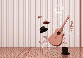 guitar and black hat with music keys on a yellow floor and background 3D Render. photo