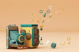 Colorful vintage camera surrounding by memphis pattern on a pastel background. 3d render. photo