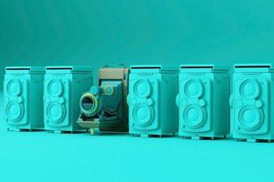 Colorful vintage camera surrounding by memphis pattern on a pastel background. 3d render. photo