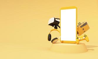 online shopping concept about electronics and gadgets in modern promotion period of new models consist of phone, vr, headphone, with drone and credit card on yellow background. realistic 3d rendering photo