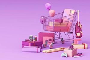 Supermarket shopping cart surrounding by giftbox with credit card on pastel background. 3d rendering photo