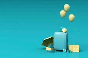 Suitcase with traveler accessories on cream background. travel concept. 3d rendering photo