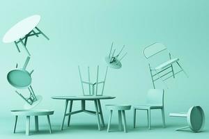 un montón de sillas y mesa de centro en tonos pastel. representación 3d foto