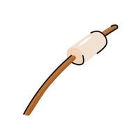Cartoon hand drawn marshmallow on wooden stick for roasting.  Popular picnic delicacy. Flat vector illustration.