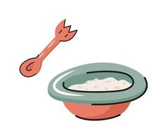 Cartoon hand drawn bowl and fork.  Kitchen utensils, equipment for camp kitchen. Accessories for camping. Flat vector illustration.