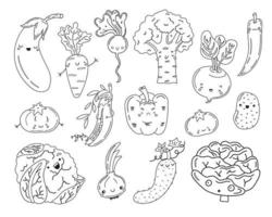 Coloring page with cartoon hand drawn vegetables with funny faces.  Set of funny veggies characters to be colored. Vector illustration.