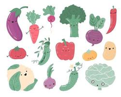 Cartoon hand drawn vegetables with funny faces vector set.  Funny veggies characters isolated on white background.  Organic food, concept of healthy eating. Flat vector illustration.