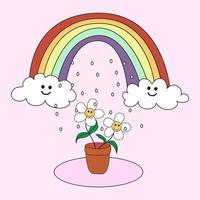 arco iris con nubes, está lloviendo y una planta de interior con flores. diseño de moda para pegatinas, tarjetas de felicitación, estampados en camisetas, afiches vector