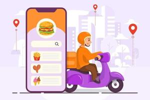 Food delivery man in city with smatphone flat design vector