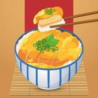 Receta japonesa de chuleta de cerdo frita katsudon aislada en el vector de ilustración de fondo de bambú