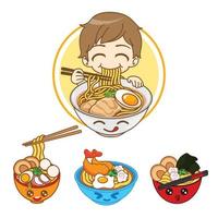 Kawaii japanese boy eating noodles cartoon vector