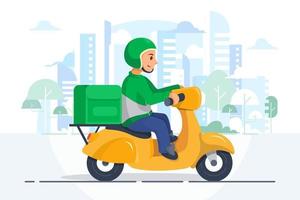 Food delivery man in city flat design vector