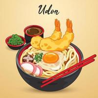 Japanese tempura udon noodles soup illustration vector. vector