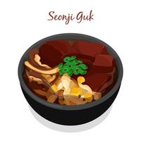 Seonji guk recipe. Korean blood soup in black bowl recipe illustration vector. vector