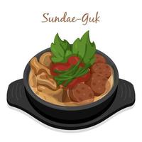 Sundae-guk menu. Korean blood sausage soup in black bowl recipe illustration vector. vector