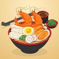 vector de ilustración de receta de sopa de ramen de mariscos japoneses