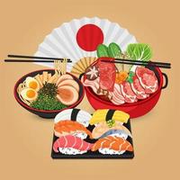 Japanese food set menu ramen noodles, shabu shabu and sushi vector