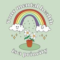 Your mental health is a priority. A rainbow with clouds, it is raining and a houseplant with flowers. Fashionable design for stickers, greeting cards, prints on T-shirts, posters vector