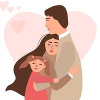 padres e hijos abrazándose juntos. feliz familia estable de miembros de prueba padre, madre e hija. lindos personajes de dibujos animados aislados en el fondo del corazón vector