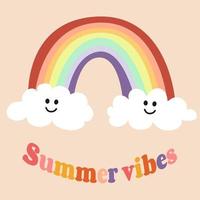 lindo eslogan vibraciones de verano, arco iris con nubes, estampado en colores brillantes para niños, camisetas o pegatinas para niños vector