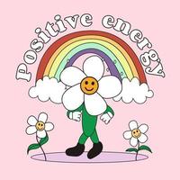 Positive energy. A rainbow with clouds, and a smiling flower character goes with flowers. Fashionable design for stickers, greeting cards, prints on T-shirts, posters vector