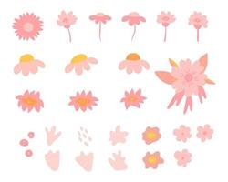 Flower collection. Vector pink flowers. Spring art print with botanical elements. Happy Easter. Folk style. Posters for the spring holiday. icons isolated on white background.