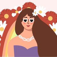 beautiful woman with dark hair on a background of rainbows and flowers. Vector concept for Mother is Day, Valentine is Day, Women's Day on March 8