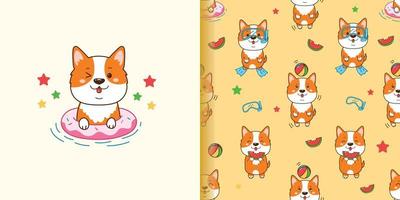 lindo patrón sin costuras de dibujos animados de perro corgi para el verano. vector