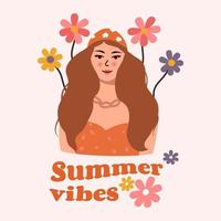 beautiful woman with brown hair on a background of flowers and summer vibes text. Vector concept of bright colors for summer.