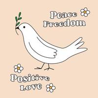 Peace dove with olive branch. Text peace, freedom and positive and love vector